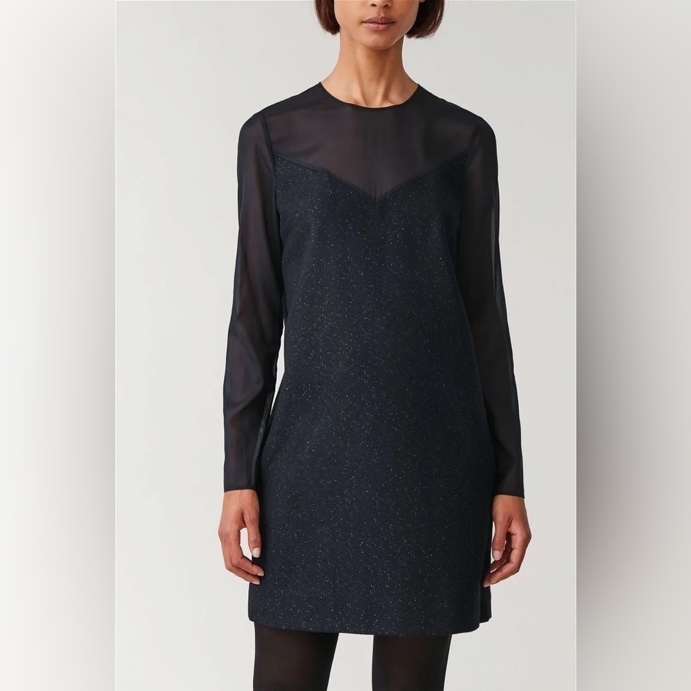 NWT COS MIDI Dress Wool Blend Mesh Top Long Sleeve Black Pockets Size 4‌